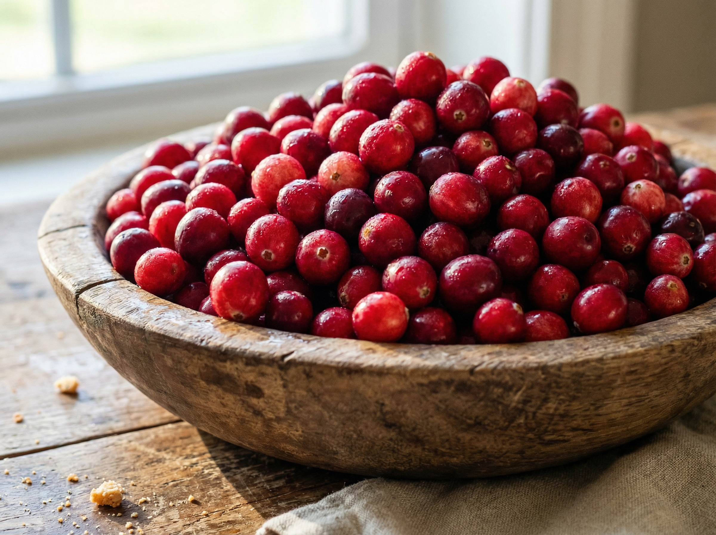 Close-up of fresh, vibrant red cranberries piled high in a rustic wooden bowl on a kitchen table, bright natural morning light, high resolution, realistic texture, no text, 4:3