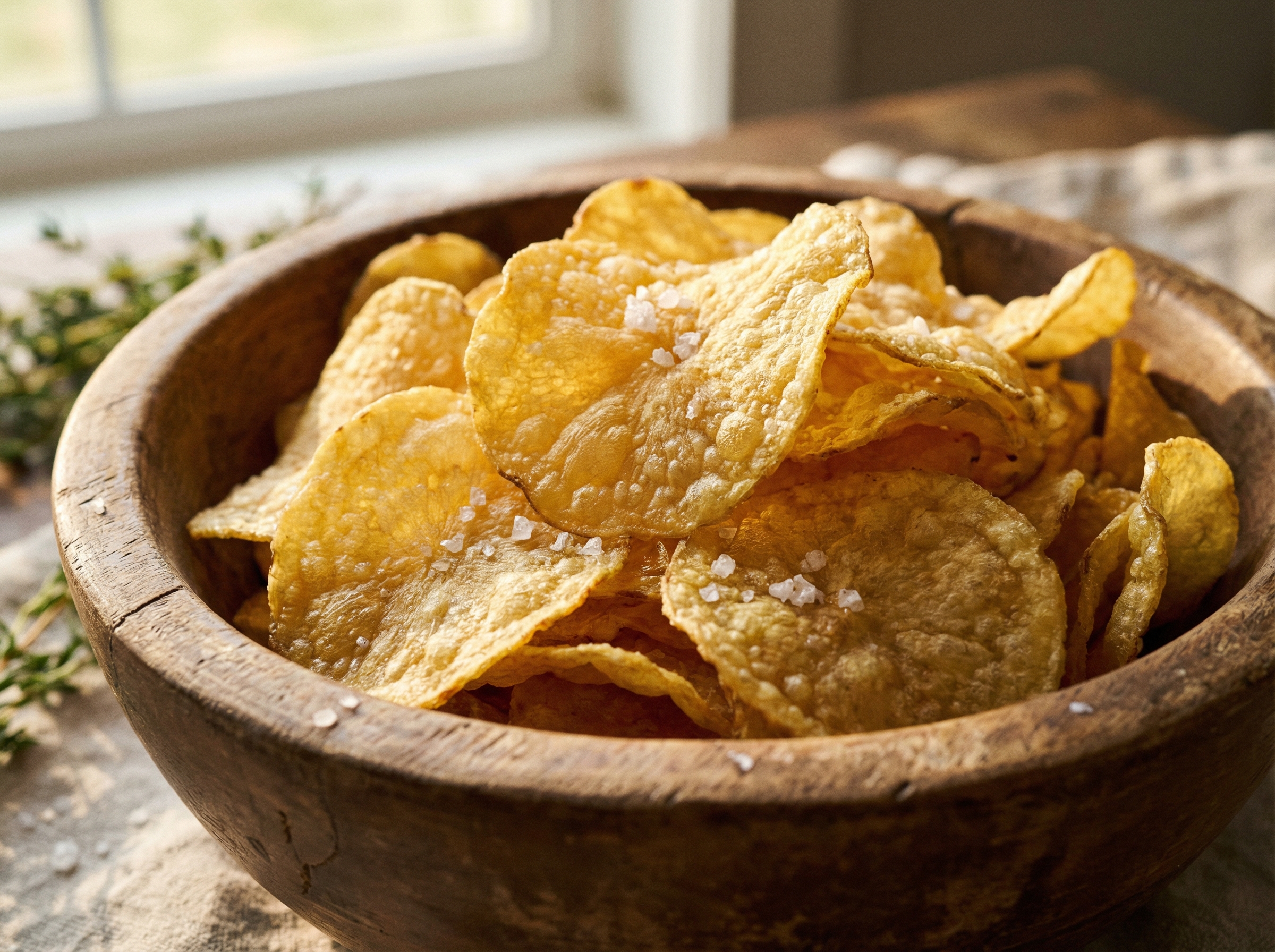 High-quality photography of crispy golden potato chips in a rustic wooden bowl, warm natural lighting, detailed texture of salt crystals, 4:3 aspect ratio, no text
