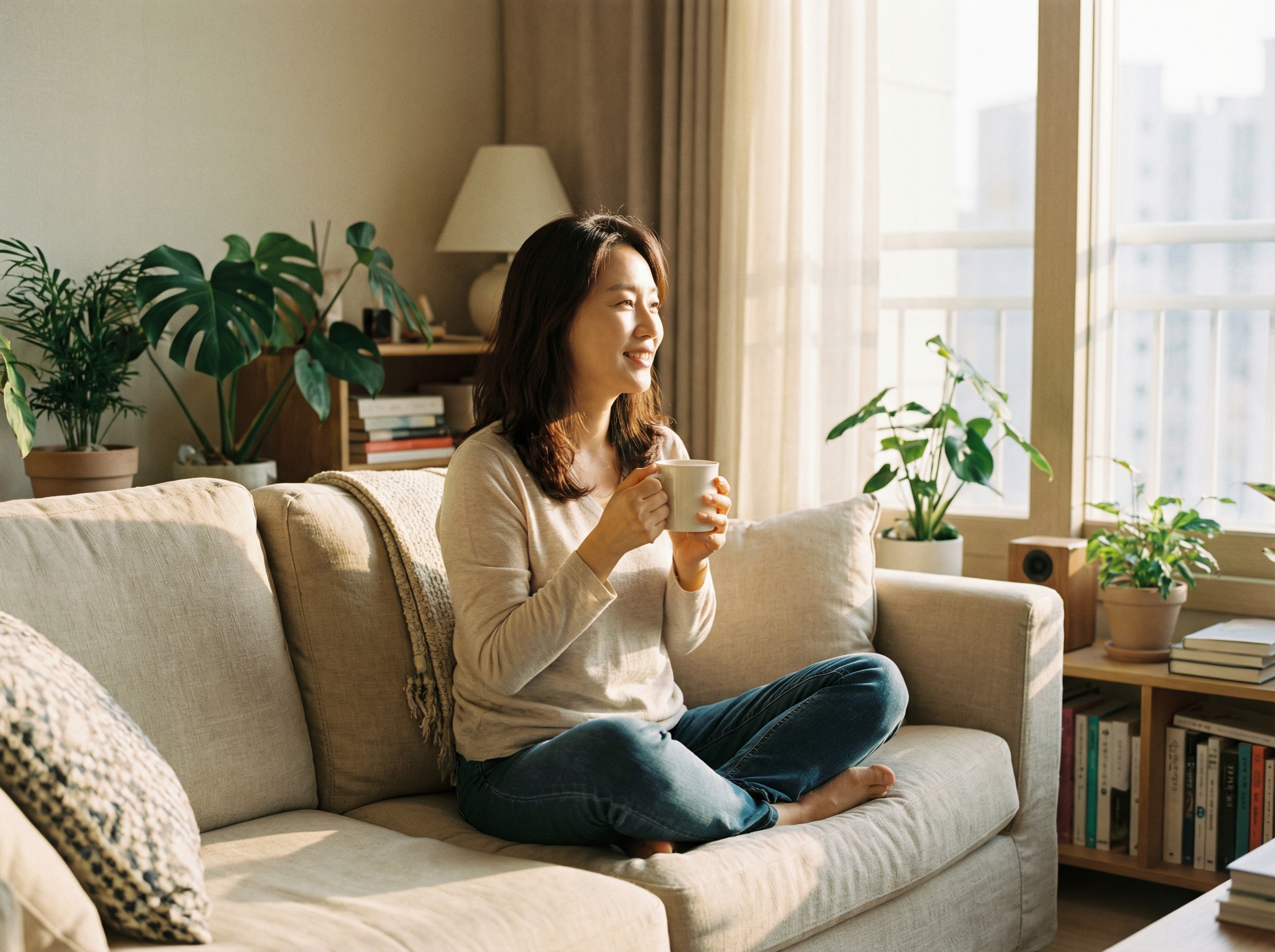 A Korean woman sitting comfortably on a beige sofa in a cozy, sunlit living room, holding a warm white mug, looking peaceful and healthy, soft lighting, lifestyle photography, no text, 4:3