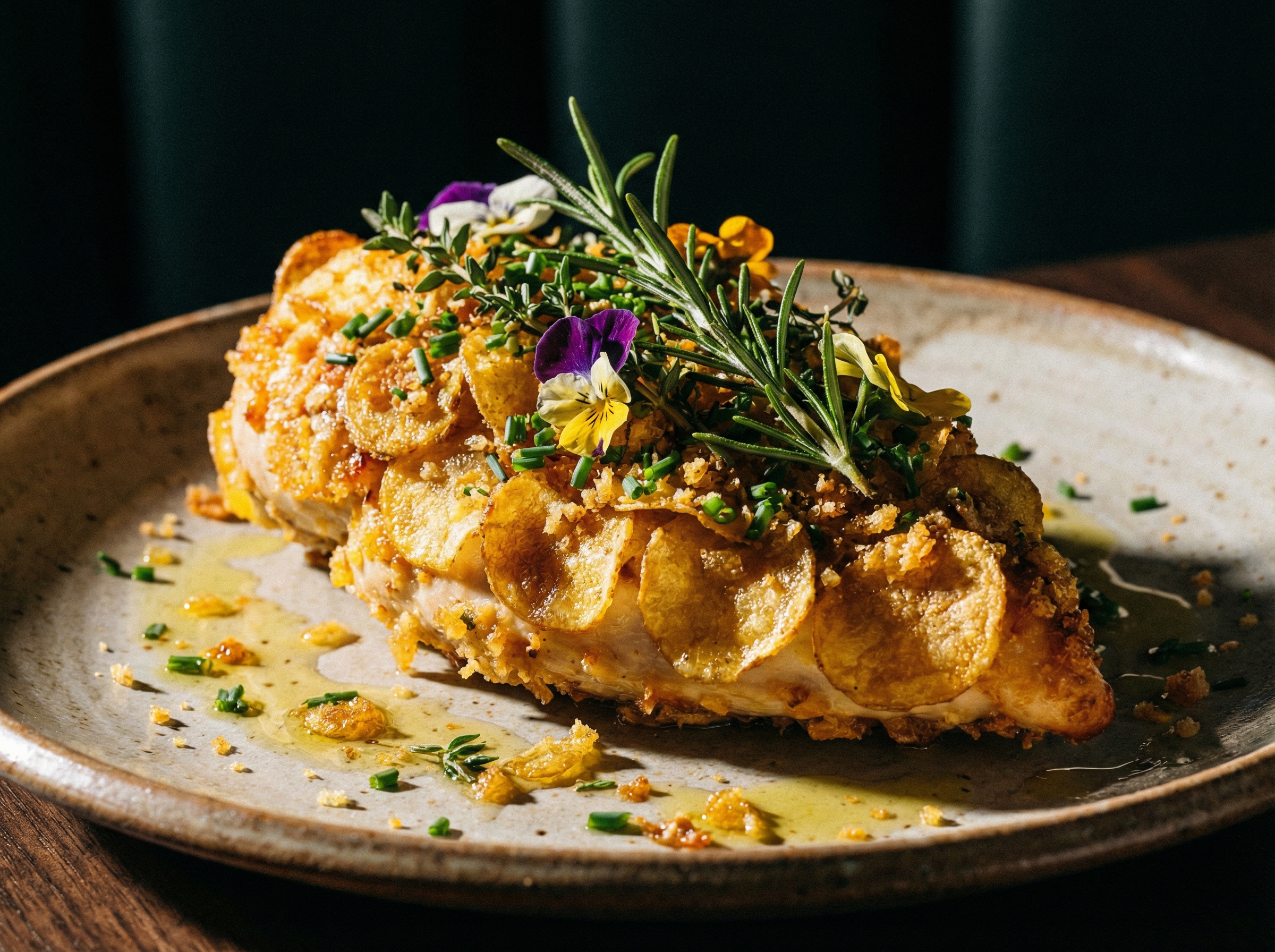 Close-up of a gourmet dish featuring golden potato chip crusted chicken, garnish with fresh herbs, high contrast lighting, restaurant quality, 4:3 aspect ratio, no text
