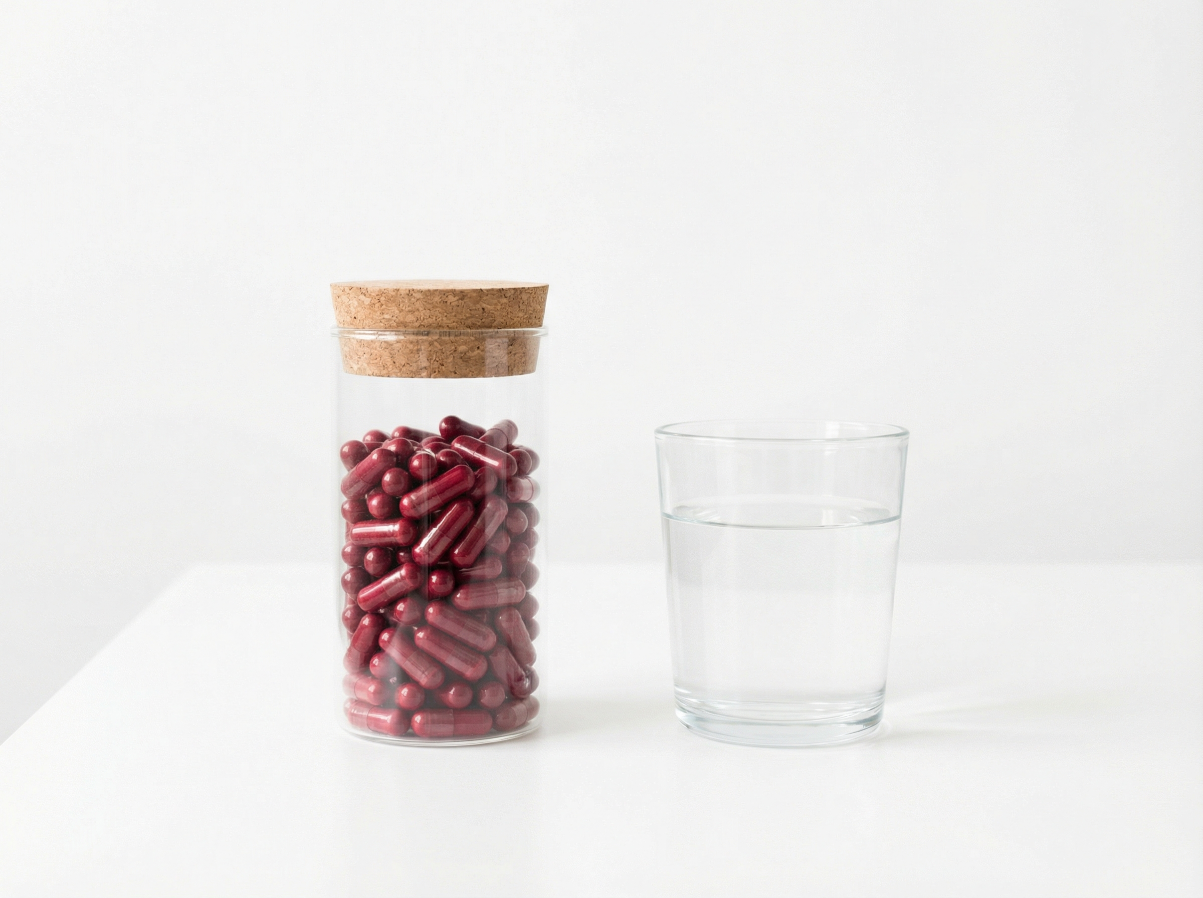 Cranberry supplement capsules in a modern glass bottle placed next to a clear glass of water on a minimalist white table, clean and clinical aesthetic, bright lighting, no text, 4:3
