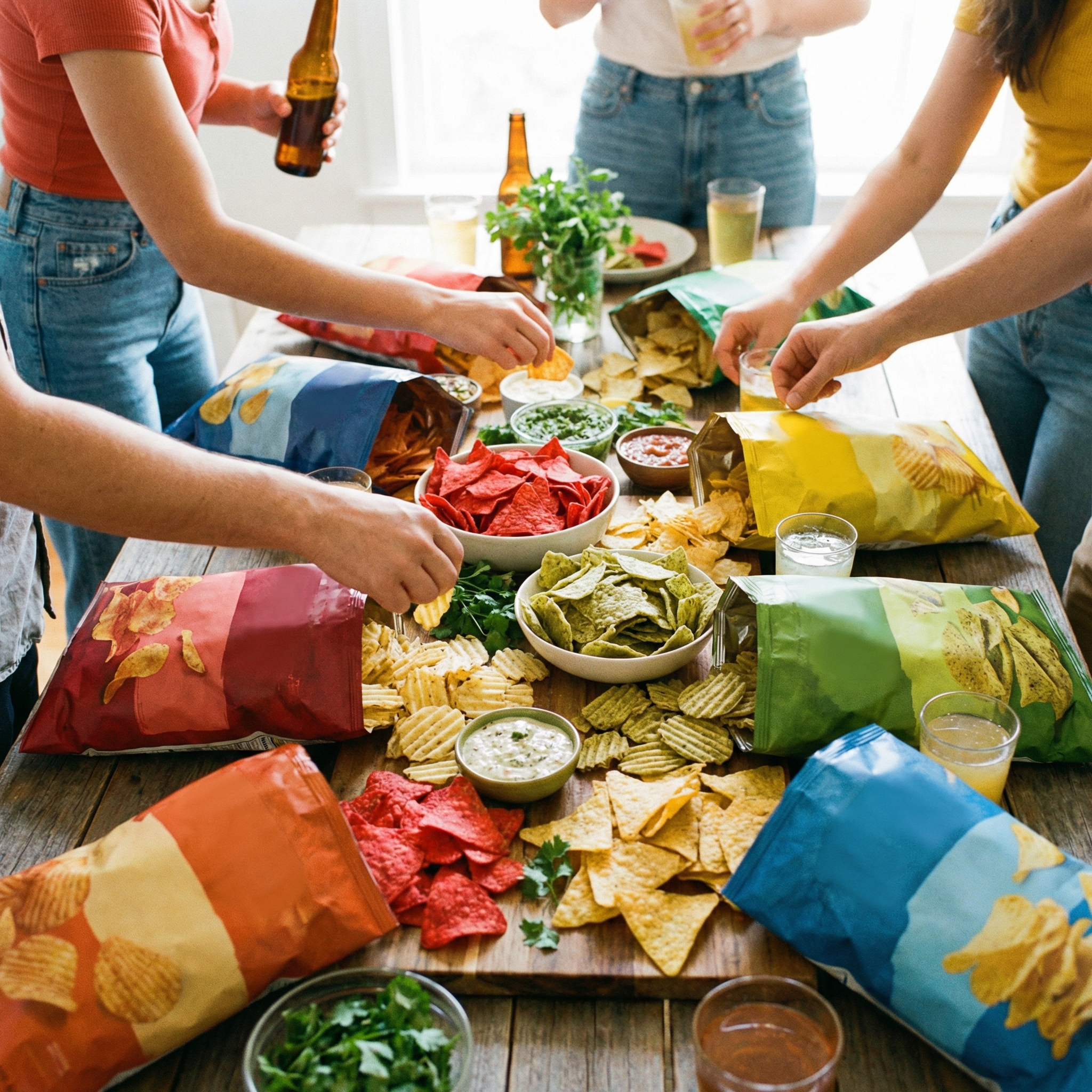 Lifestyle photography of various colorful potato chip bags and different flavored chips spread out on a table, party atmosphere, bright and clean composition, 1:1 aspect ratio, no text