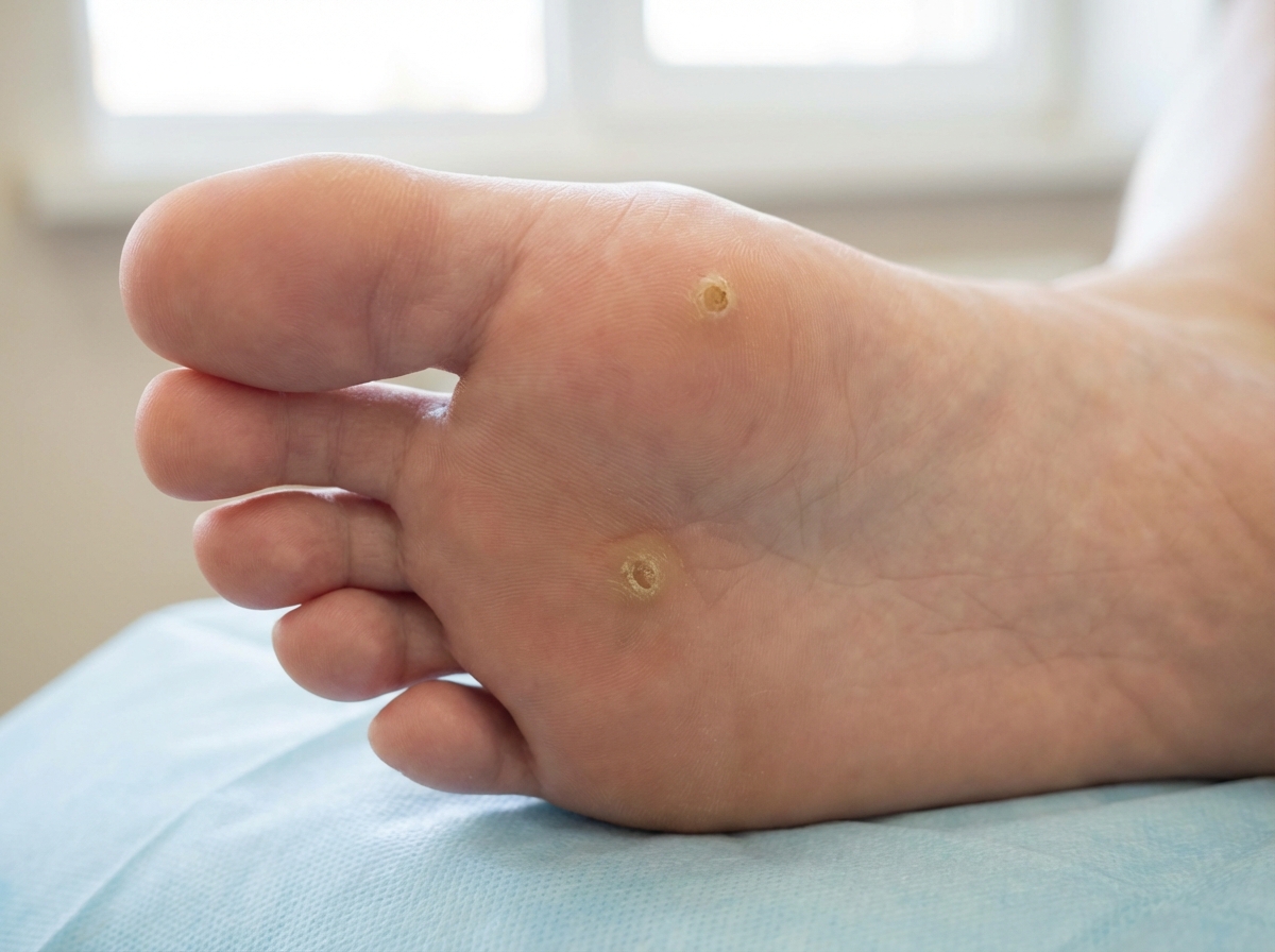 Close-up of a human foot with a small corn on the sole, professional medical photography style, clean skin texture, natural lighting, 4:3 aspect ratio, no text.