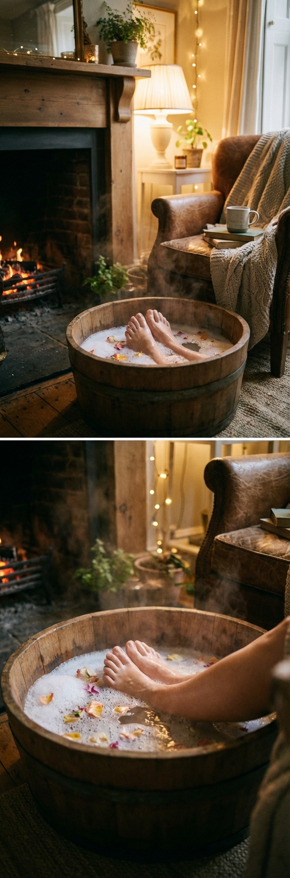 Person soaking feet in a wooden basin with warm water and bubbles, cozy home atmosphere, soft warm lighting, 1:3 aspect ratio, no text.