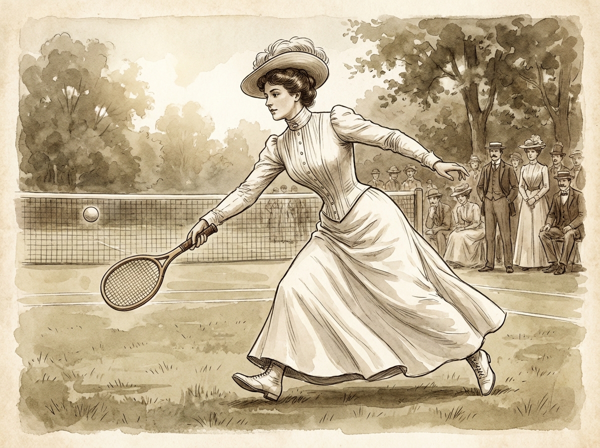 Historical illustration of Charlotte Cooper playing tennis in 1900, wearing a long white Victorian sports dress, holding a vintage wooden racket, dynamic movement, soft sunlight, artistic rendering, 4:3 aspect ratio, no text.