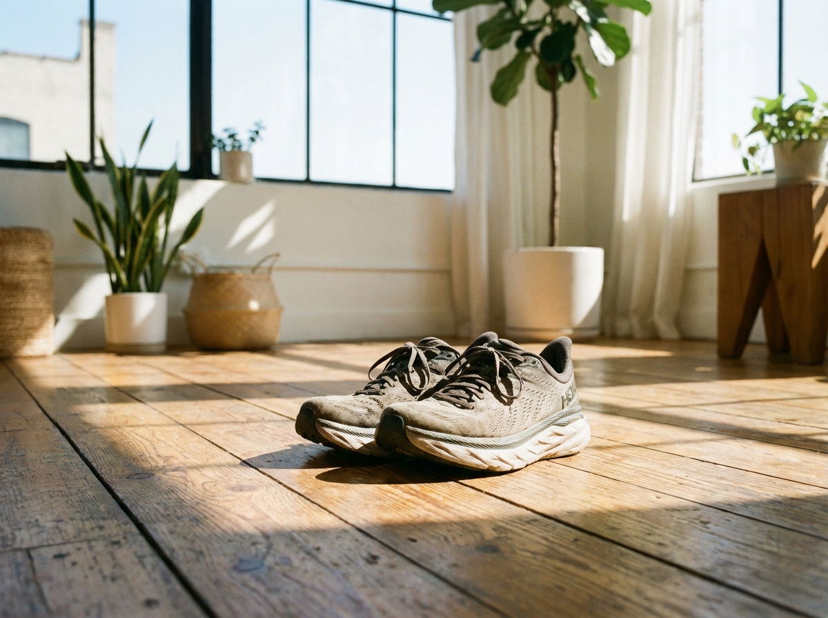 A pair of comfortable and ergonomic walking shoes on a wooden floor, bright and clean indoor setting, high contrast, 4:3 aspect ratio, no text.