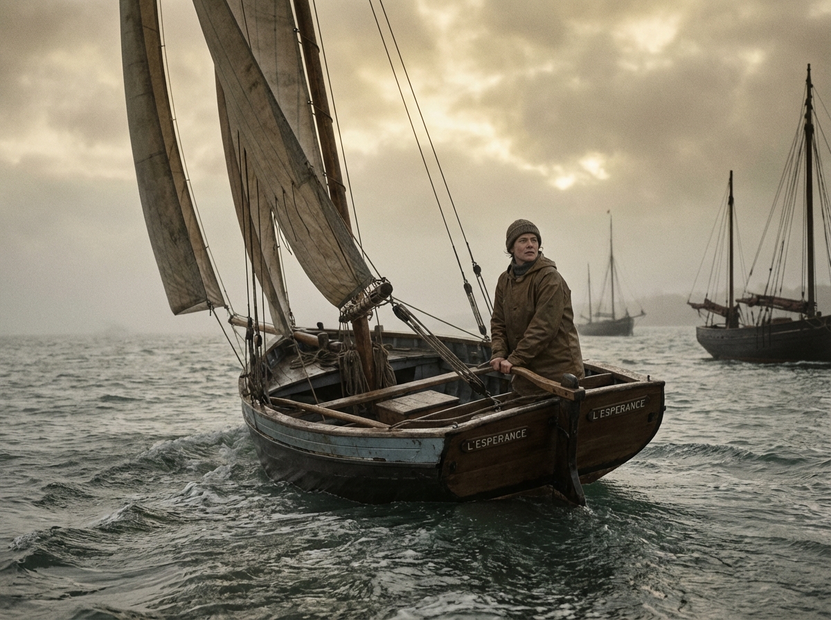 Atmospheric rendering of a vintage sailing boat in 1900, female sailor Helena de Pourtales navigating the sea, historical maritime setting, detailed composition, cinematic lighting, 4:3 aspect ratio, no text.