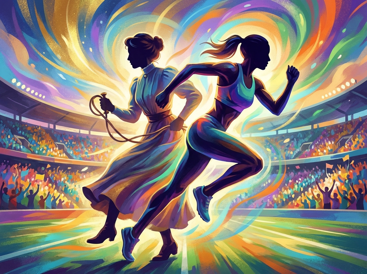 Symbolic illustration showing a silhouette of a 1900s female athlete overlapping with a modern female athlete in a stadium, bright and inspiring mood, colorful background, artistic digital art, 4:3 aspect ratio, no text.