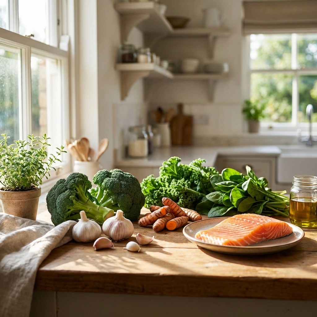 A bright and airy kitchen counter filled with fresh broccoli, garlic, turmeric roots, leafy greens, and a salmon fillet. The setting is natural and high-quality lifestyle photography with warm sunlight streaming through a window. Aspect ratio 1:1, no text, no visible Korean characters.