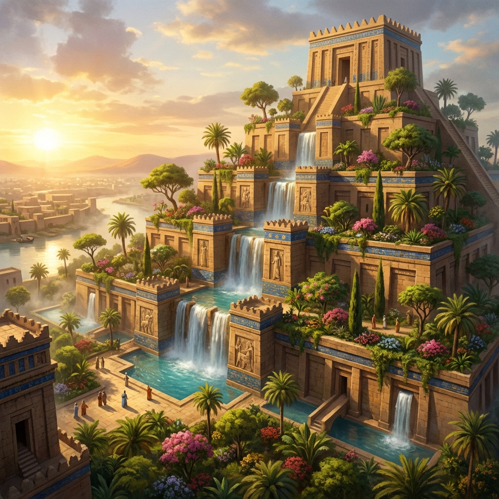 Concept art of the Hanging Gardens of Babylon, lush terraces filled with exotic plants and cascading waterfalls, ancient Mesopotamian architecture, warm golden hour lighting, cinematic composition, aspect ratio 1:1, no text