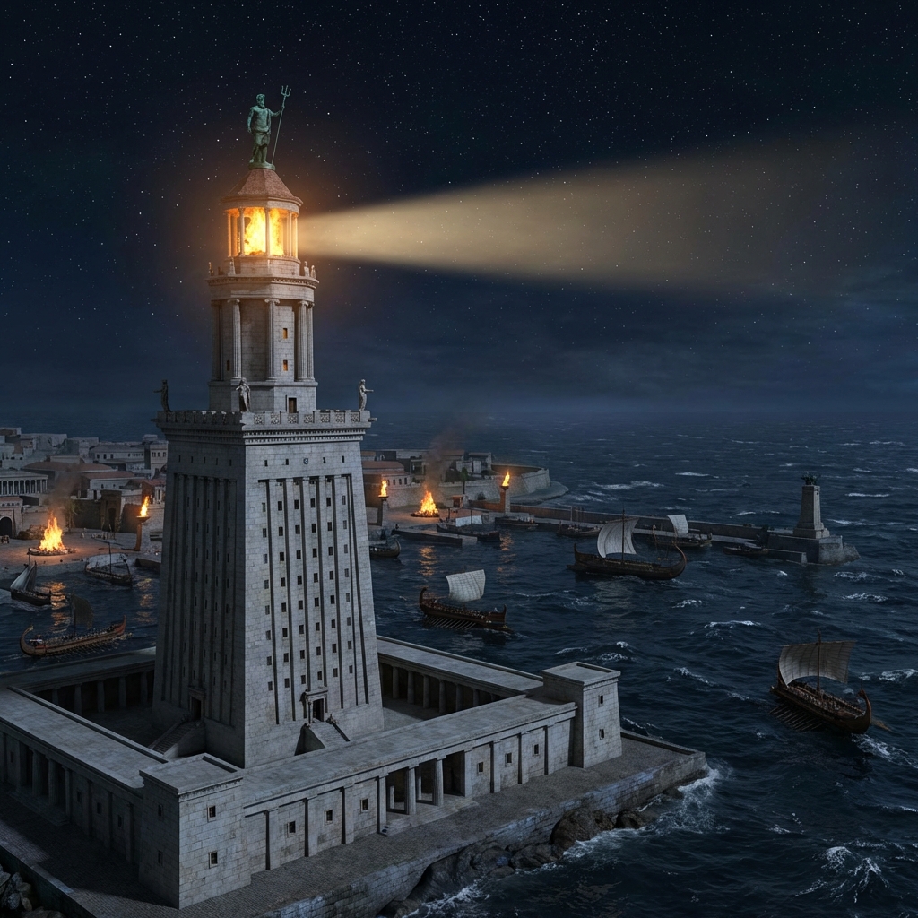Reconstruction of the Pharos of Alexandria lighthouse at night, bright light beam pointing to the sea, ancient Egyptian harbor, realistic 3D architecture rendering, starry sky, aspect ratio 1:1, no text