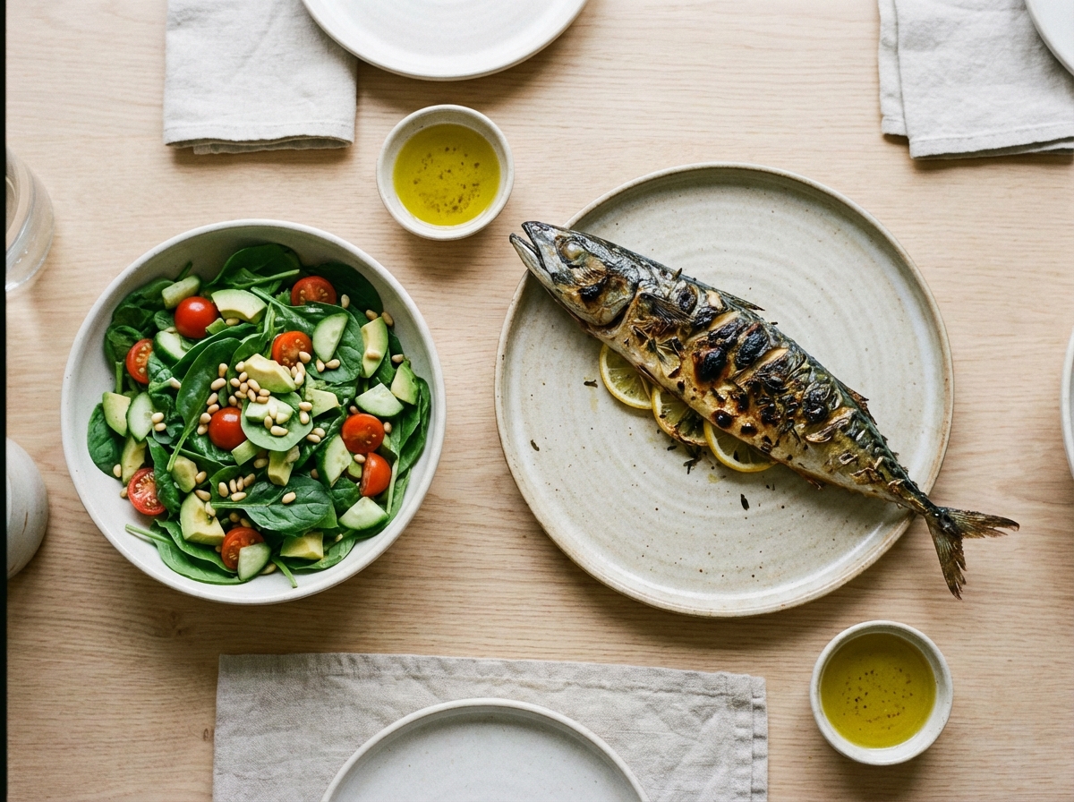 A top-down shot of a dining table with a perfectly grilled mackerel and a side of fresh spinach salad. The composition is clean and modern, highlighting a healthy protein-rich meal. Aspect ratio 4:3, no text, visually rich.
