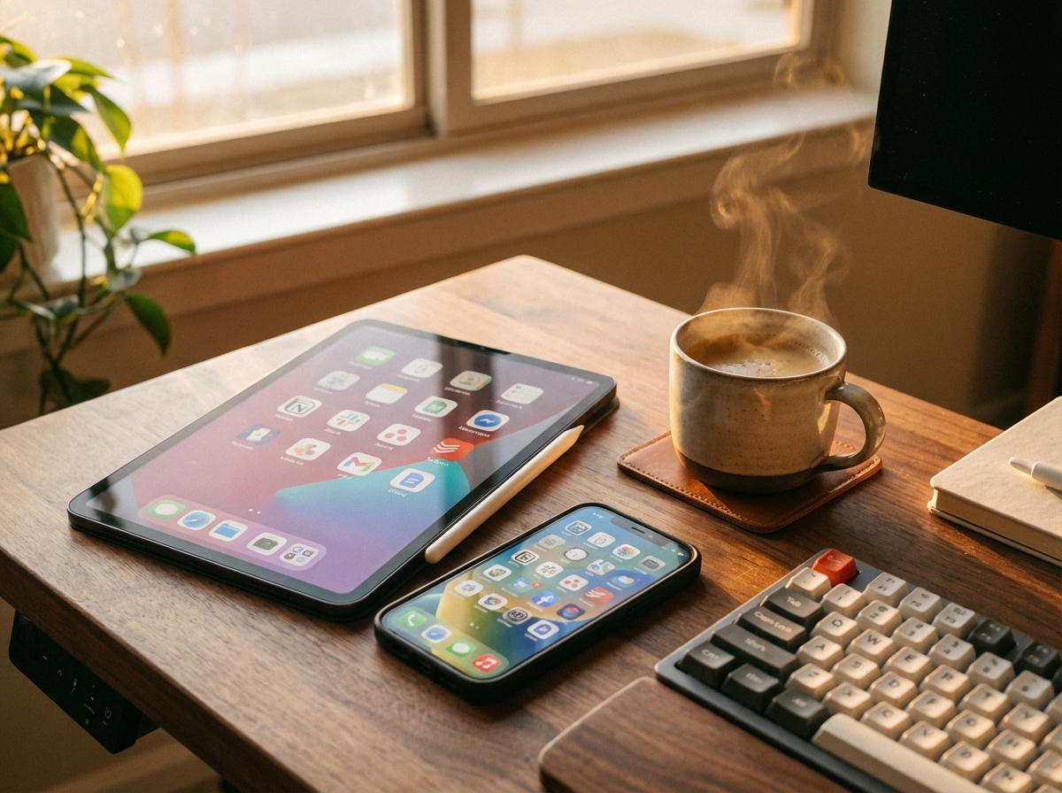 A clean and organized workspace showing a tablet and a smartphone with various productivity app icons. A steaming cup of coffee is on the side. The lighting is warm and inviting, representing efficiency and creativity. 4:3 aspect ratio, no text.