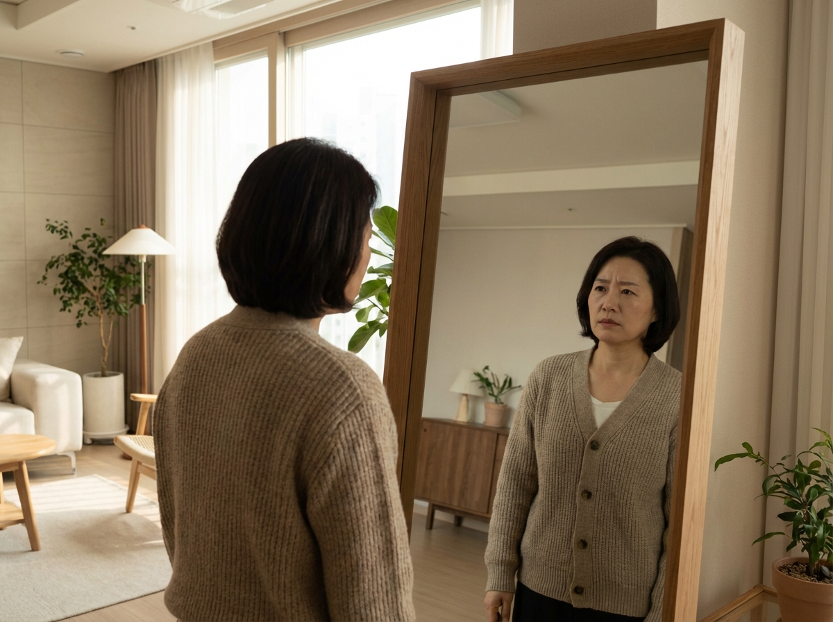 A middle-aged Korean woman looking in a mirror with a concerned but calm expression, soft natural indoor lighting, modern home interior, high resolution lifestyle photography, 4:3 aspect ratio, no text.