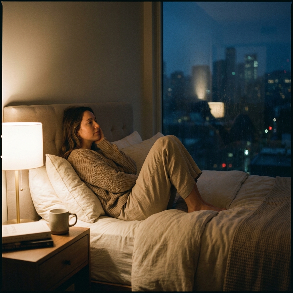 A woman sitting on a comfortable bed in a dimly lit bedroom, looking out a window at night, warm lamp light, peaceful but thoughtful atmosphere, realistic cinematic style, 1:1 aspect ratio, no text.