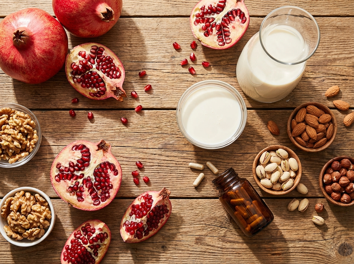 Top view of a wooden table with fresh pomegranates, soy milk, various nuts, and a small supplement bottle, bright and clean composition, high contrast, professional food photography, 4:3 aspect ratio, no text.