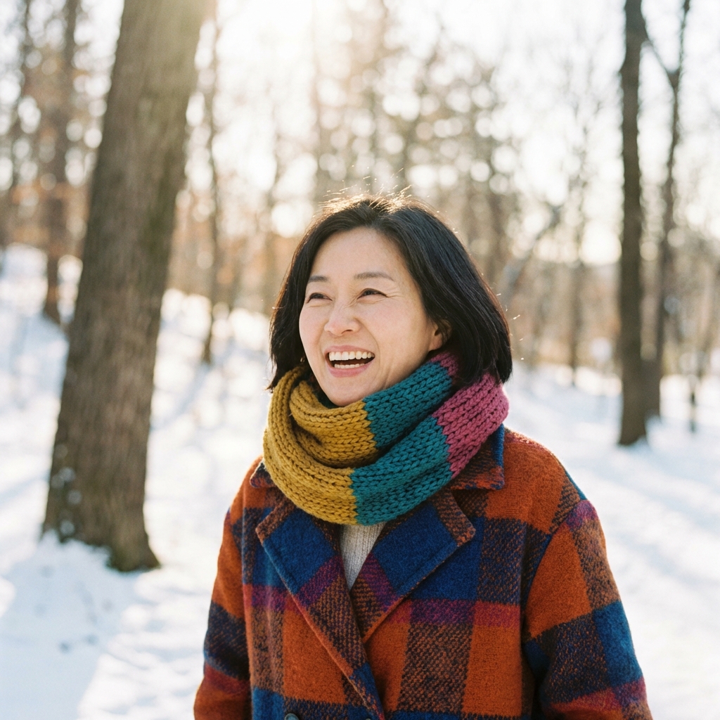 A happy Korean woman in her late 40s walking in a sunlit park during winter, wearing a cozy scarf and coat, vibrant colors, blurred nature background, natural expression, 1:1 aspect ratio, no text.