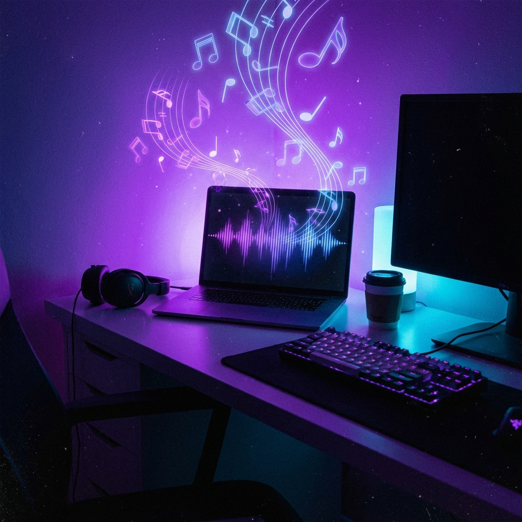Digital music notes floating from a laptop screen in a modern workspace, vibrant purple and blue lighting, high contrast, cinematic atmosphere, 1:1 ratio, no text