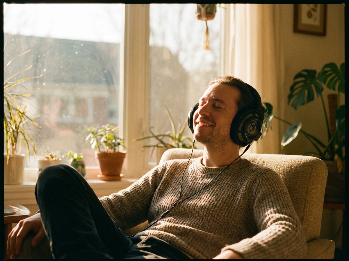 A person wearing high-end headphones listening to music with a satisfied expression, warm natural sunlight through a window, lifestyle photography, 4:3 ratio, no text