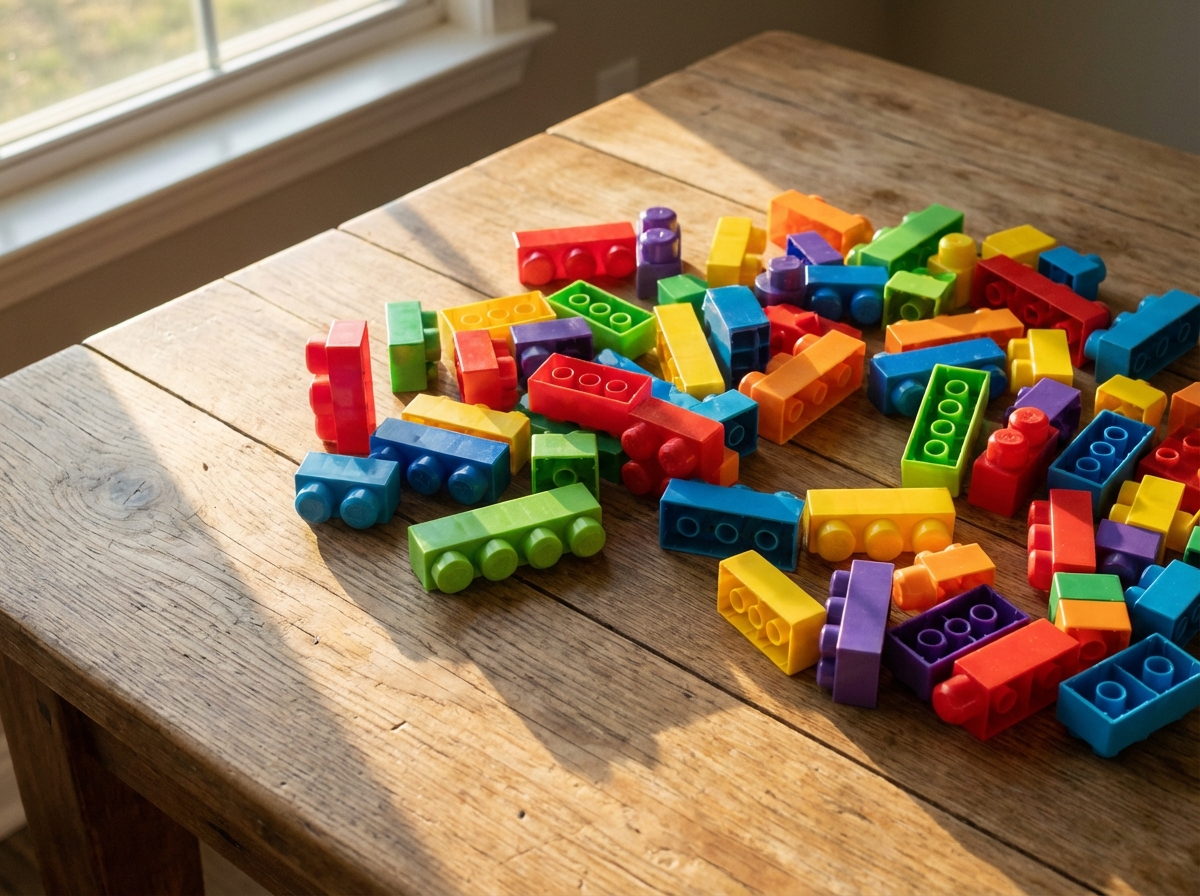 A high-angle close-up shot of various colorful interlocking plastic building blocks scattered on a clean wooden table, soft natural morning light from a window, professional photography, high resolution, 4:3, no text