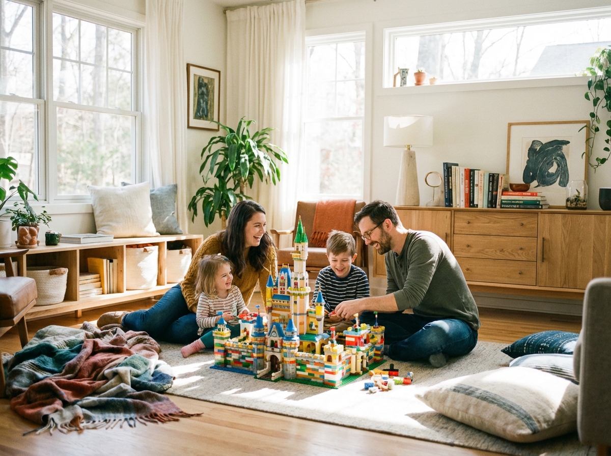 A happy family sitting together in a bright modern living room, assembling a large colorful brick model on the floor, warm and cozy atmosphere, lifestyle photography, realistic, 4:3, no text