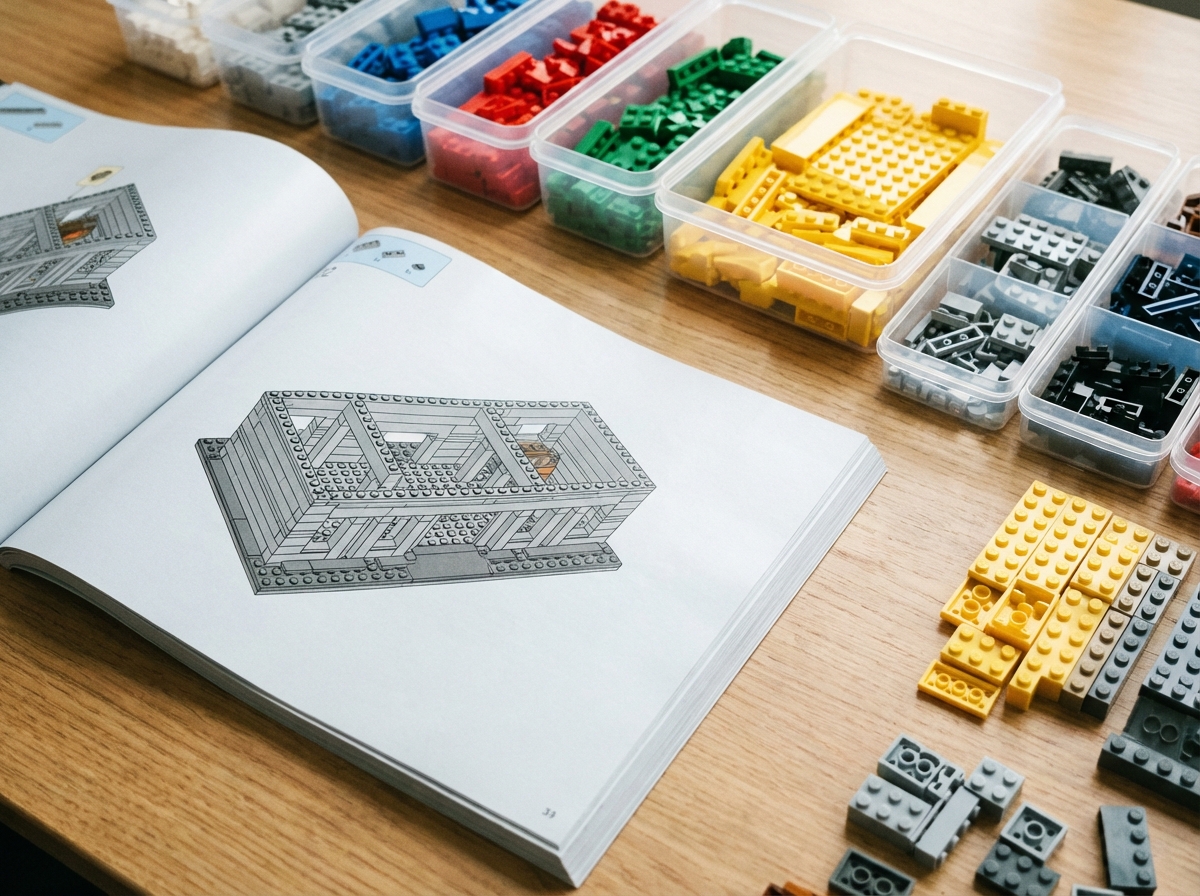 A detailed view of a high-quality printed building instruction manual next to neatly sorted plastic bricks on a desk, clean composition, informational style, high contrast, 4:3, no text
