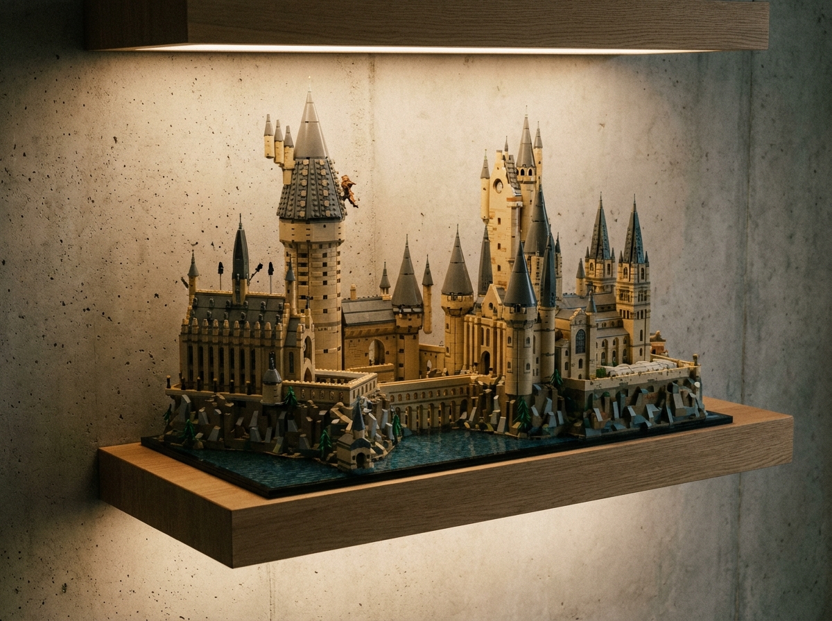 A majestic and highly detailed large castle model made of bricks, displayed on a minimalist shelf, sophisticated lighting highlighting the textures, artistic rendering, 4:3, no text