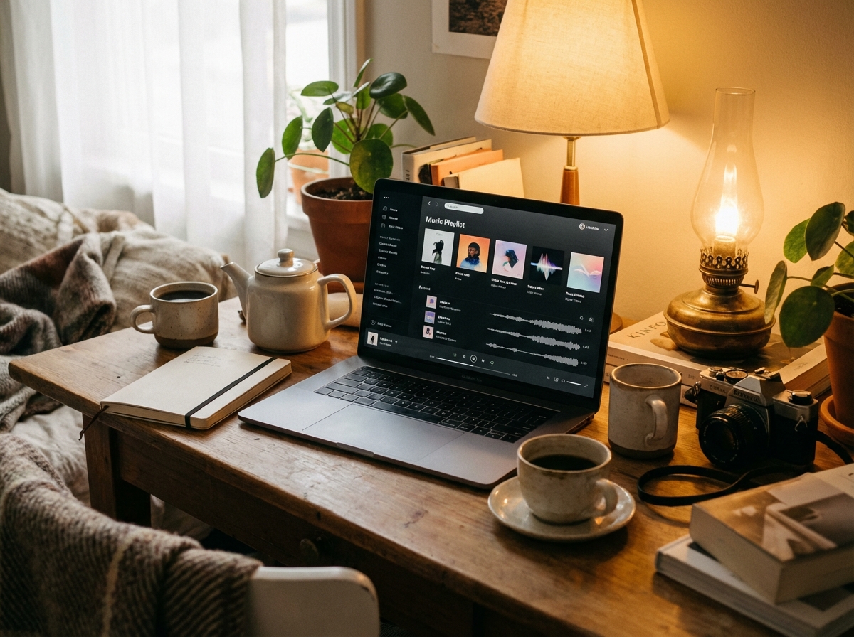 A cozy and aesthetic workspace with a laptop showing a music playlist design. There are coffee cups and warm lighting. The atmosphere is calm and creative. No visible text on the screen. High quality photography. 4:3 aspect ratio.