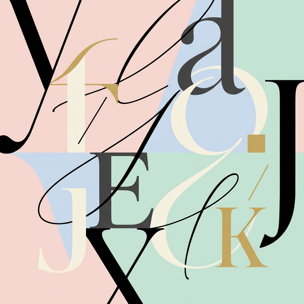 Minimalist graphic design layout showing different elegant fonts and typography. Soft pastel background with artistic composition. No real words or characters. High contrast and clean design. 1:1 aspect ratio.