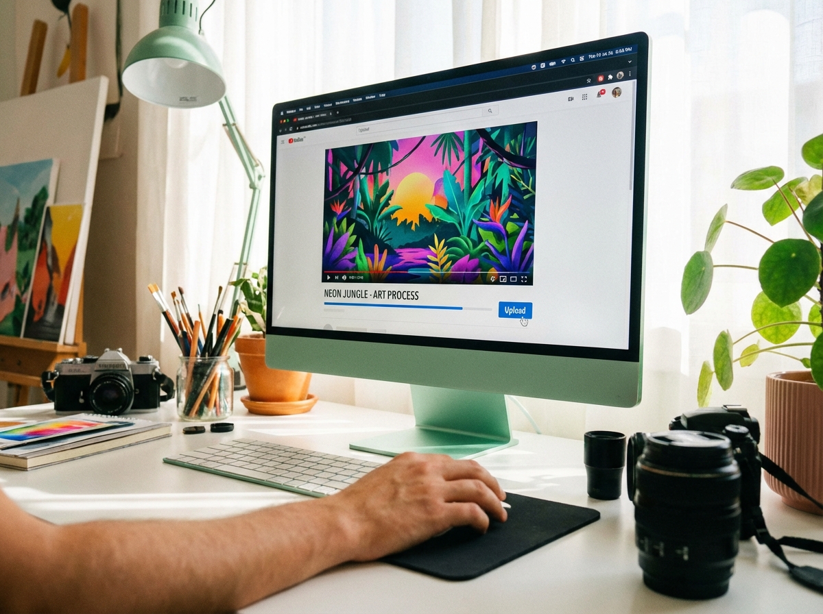 A person's hand using a computer mouse to upload a colorful thumbnail to a video platform. Bright indoor lighting with a professional creative studio vibe. High quality 4:3 aspect ratio.