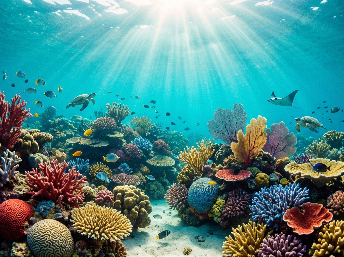A breathtaking underwater view of a vibrant coral reef with various shapes and colors of coral, crystal clear turquoise water, sunlight rays penetrating from the surface, 4:3, no text