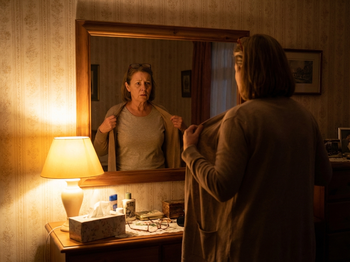 A middle-aged person looking concerned while checking their side or back in a mirror, warm indoor lighting, realistic lifestyle photography, 4:3 aspect ratio, no visible text