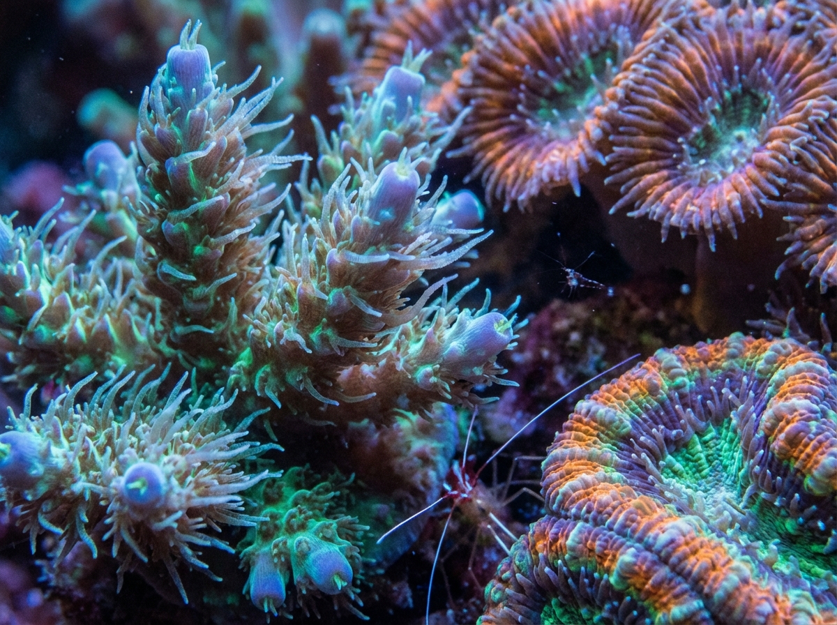 Close up macro photography of living coral polyps extending their tentacles underwater, vibrant textures and organic patterns, soft lighting, 4:3, no text