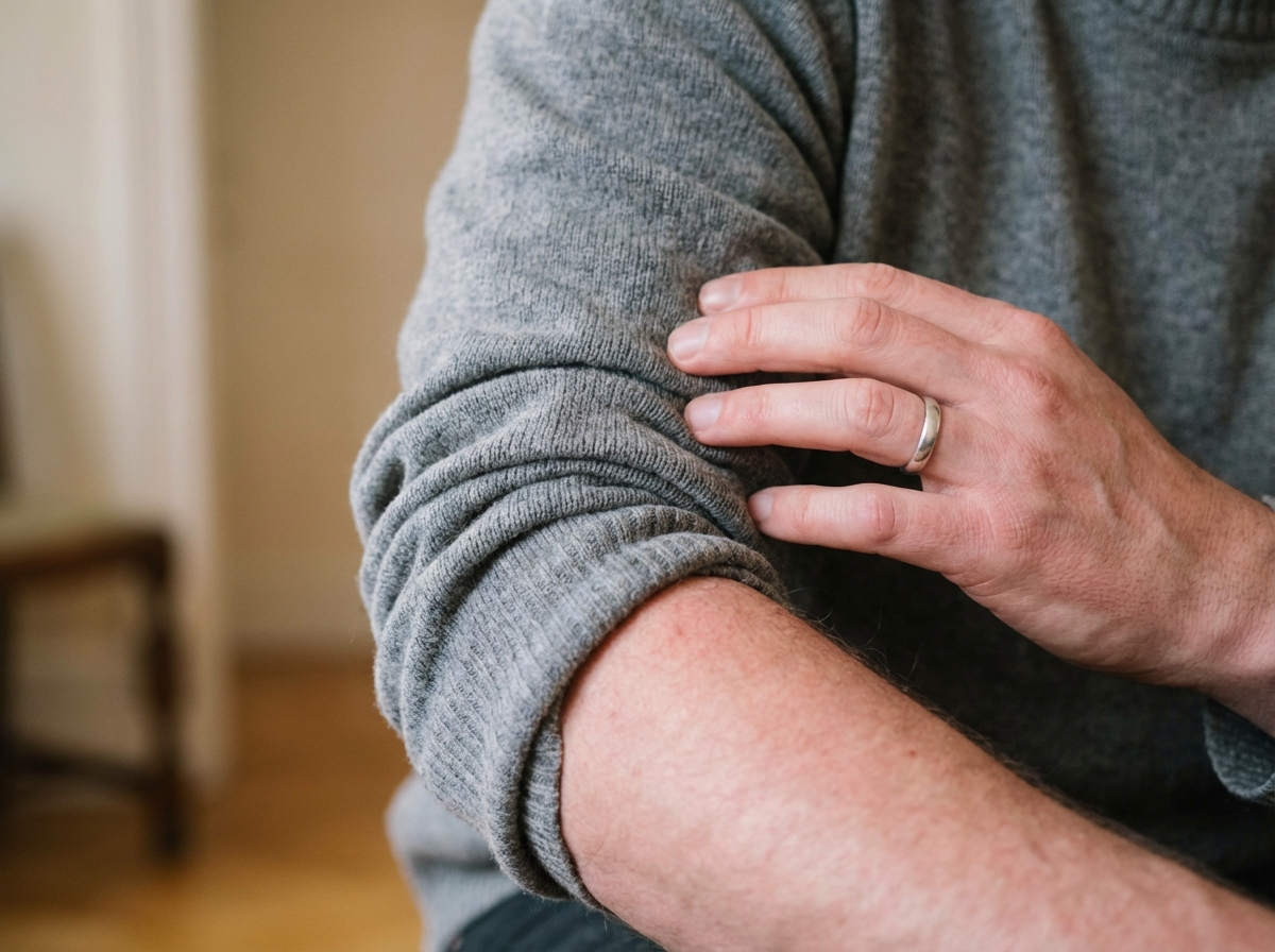 A close-up of a person's shoulder or arm with a hand gently touching it in discomfort, soft natural lighting, realistic and emotional atmosphere, 4:3 aspect ratio, no visible text