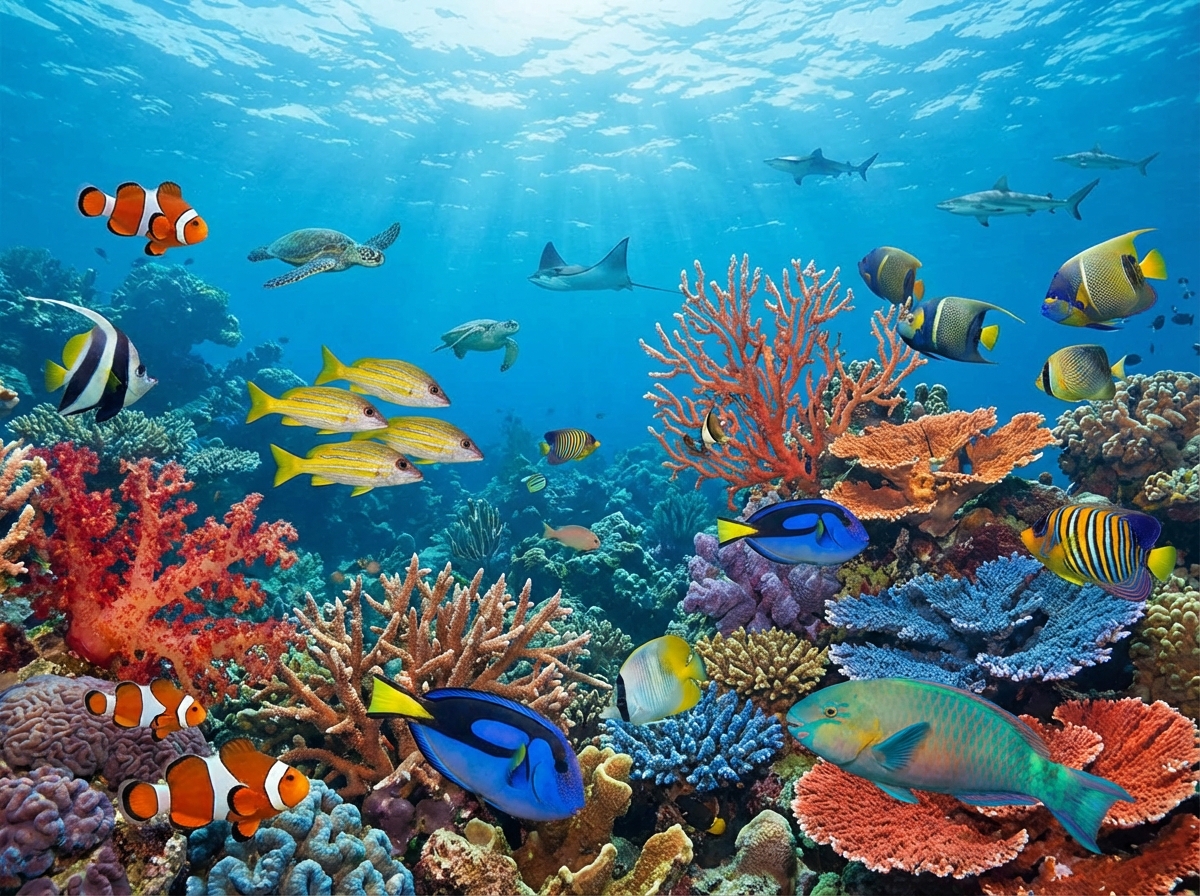 A diverse ecosystem of a coral reef with schools of colorful tropical fish swimming through the coral branches, realistic marine life photography, 4:3, no text