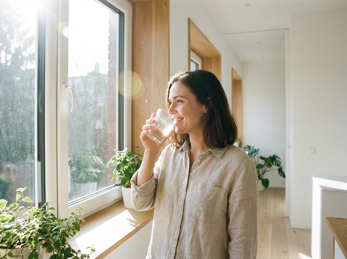 A healthy person drinking a glass of water near a window with sunlight streaming in, balanced composition, bright and clean aesthetic, 4:3 aspect ratio, no visible text
