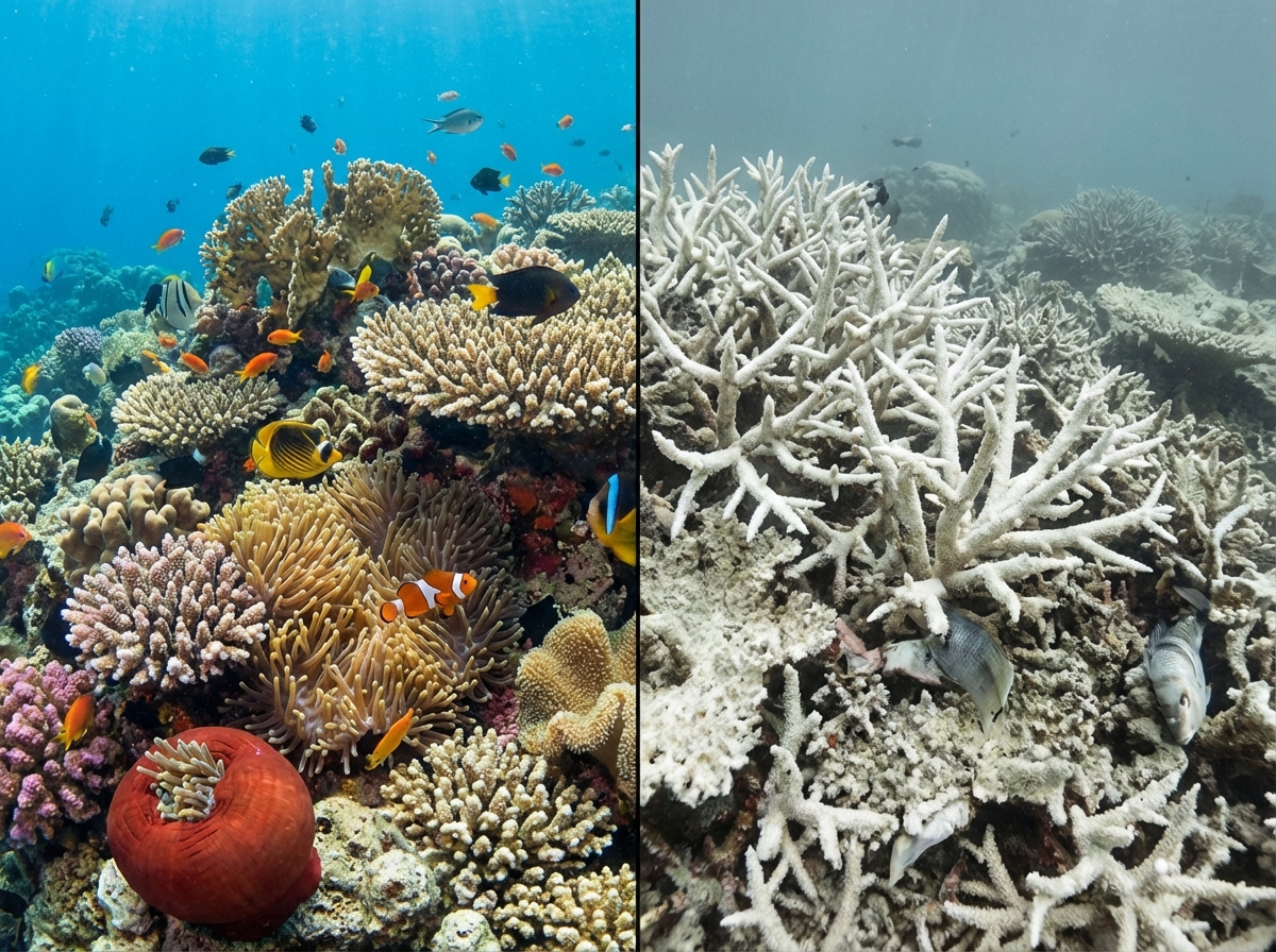 Artistic split view of a healthy vibrant coral reef on one side and a bleached white dying coral on the other side, conceptual environmental photography, 4:3, no text