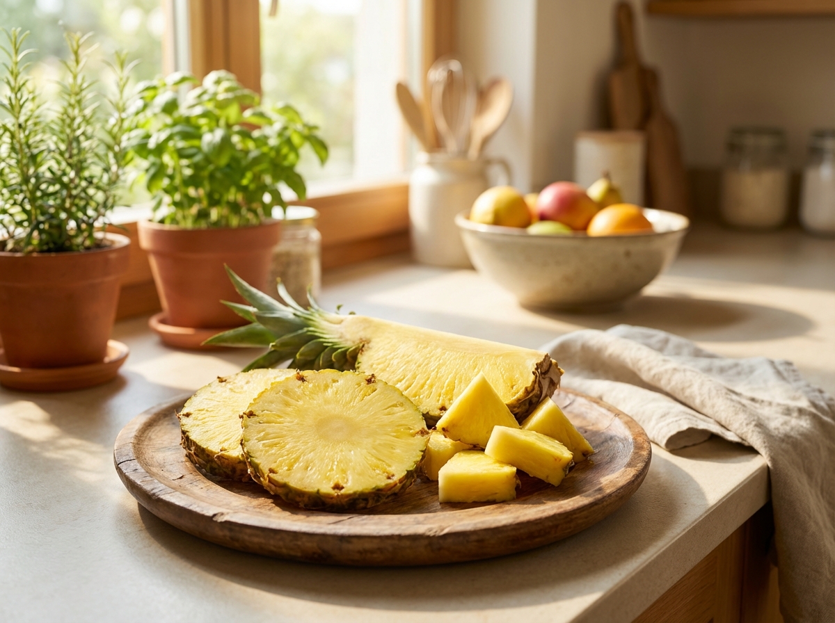 Fresh sliced yellow pineapple pieces on a wooden plate, bright sunny kitchen background, high resolution, lifestyle photography, 4:3