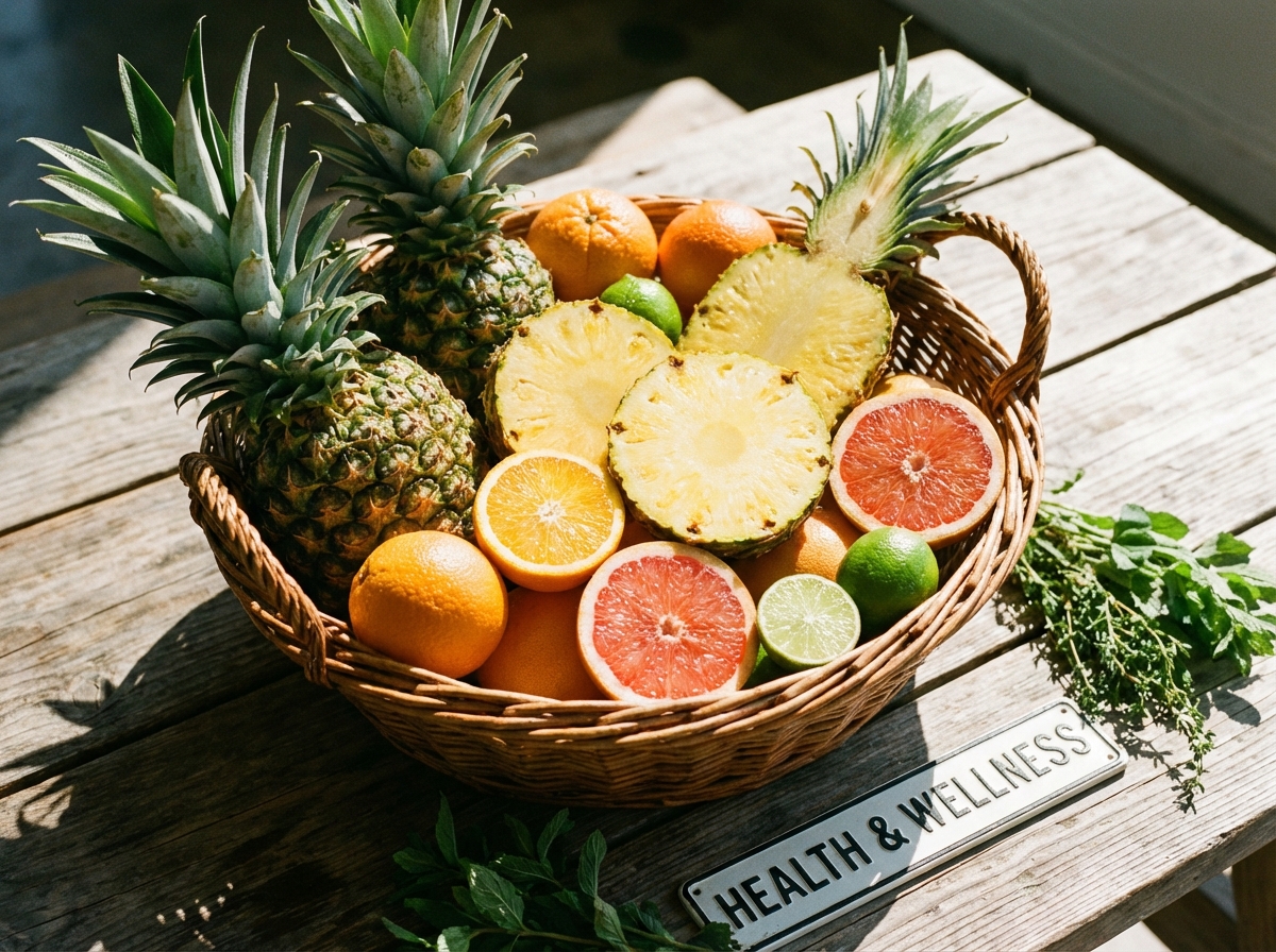 A basket filled with whole and cut pineapples, citrus fruits, bright natural lighting, health and wellness concept, high contrast, 4:3