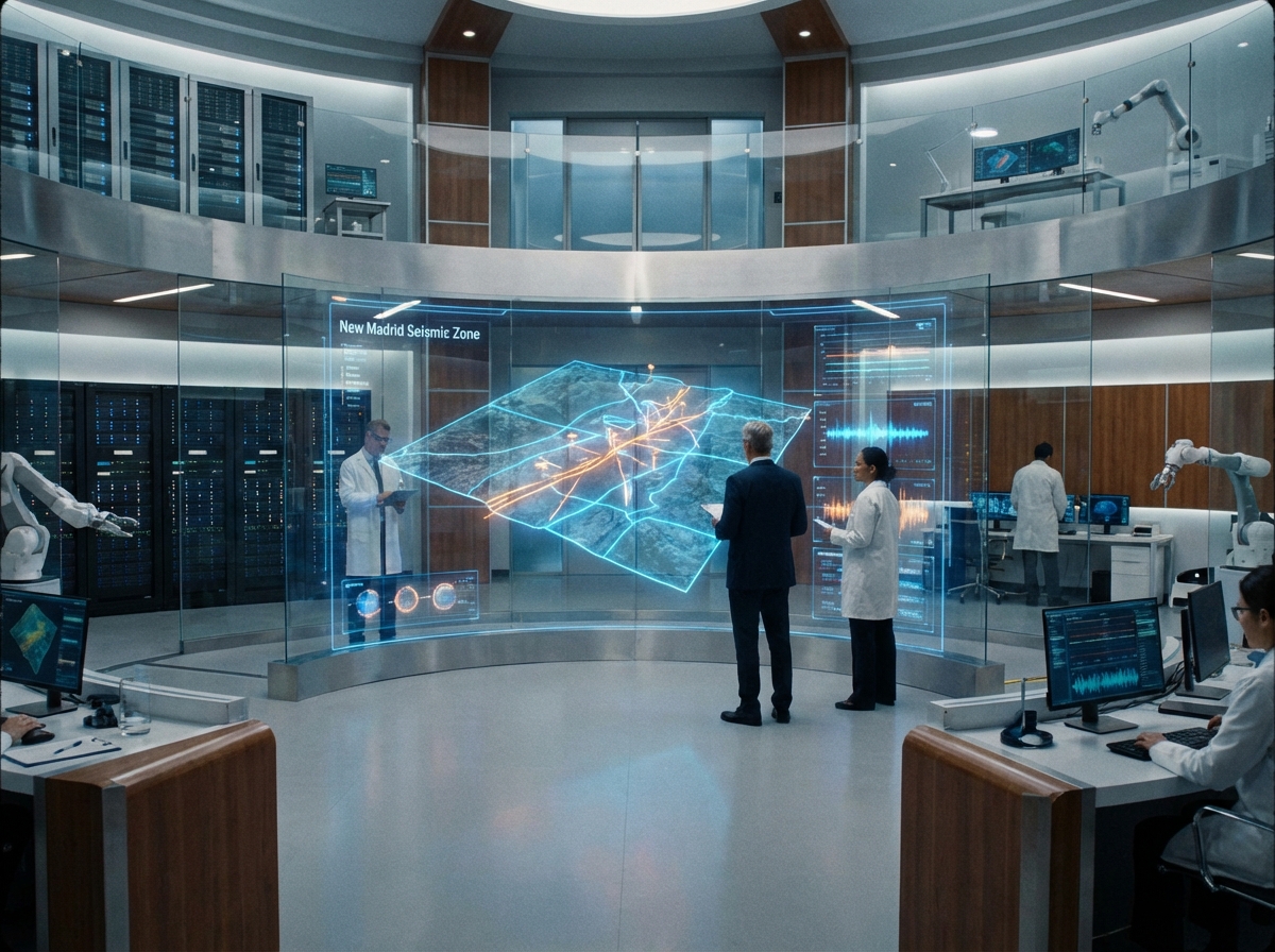 A high-tech geological research center. Scientists analyzing 3D holographic maps of the New Madrid Seismic Zone on large glass screens. Blue and orange glowing lines indicating fault activity. Modern, professional atmosphere with sophisticated monitoring equipment. Cinematic composition, clean aesthetic, 4:3 aspect ratio, no text.