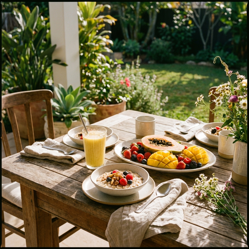 Healthy breakfast table with pineapple smoothie, oatmeal, and fresh fruit, warm morning sunlight, natural setting, 1:1