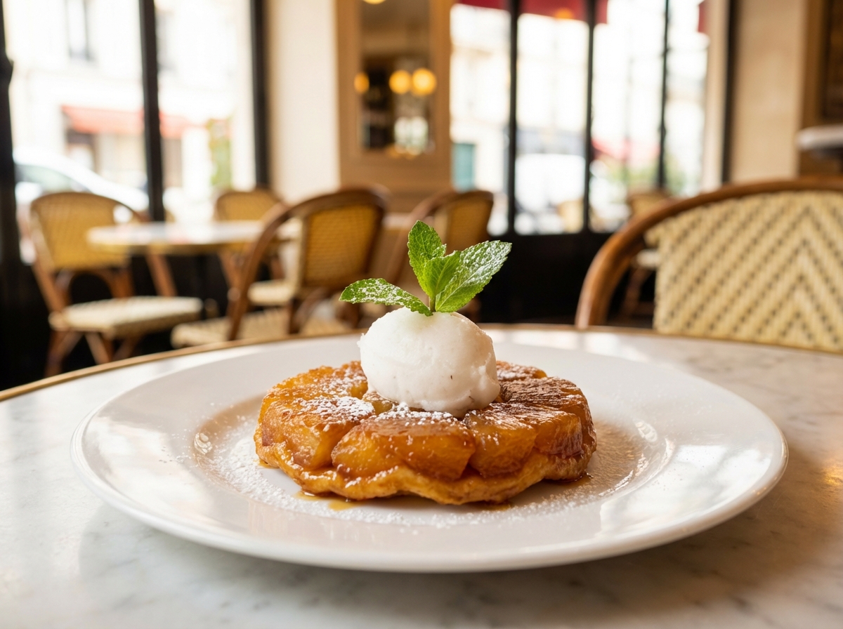 Beautifully arranged pineapple dessert on a clean plate, mint leaf garnish, elegant cafe setting, professional lighting, 4:3