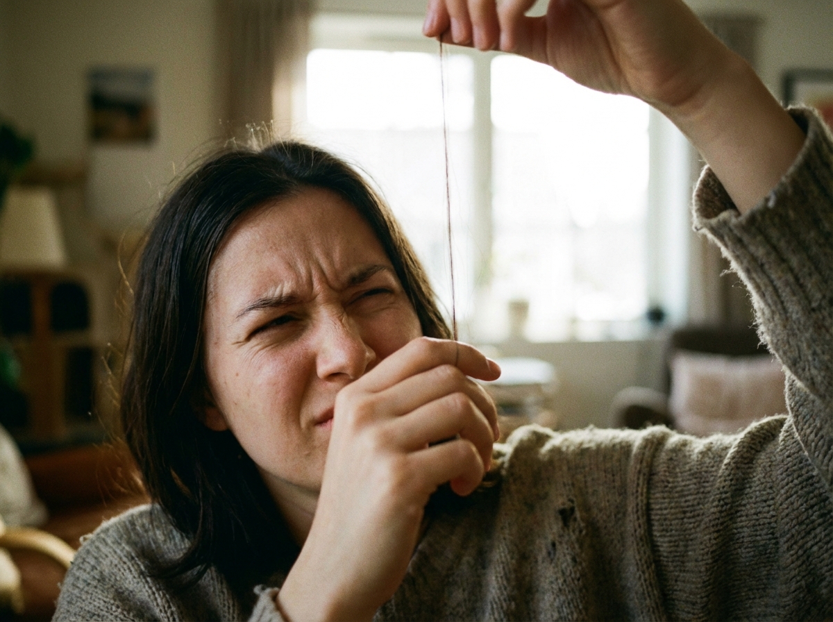 A close-up shot of a person showing a painful expression while a single strand of hair is being pulled upward. Natural indoor lighting, realistic style, 4:3 aspect ratio, no text.