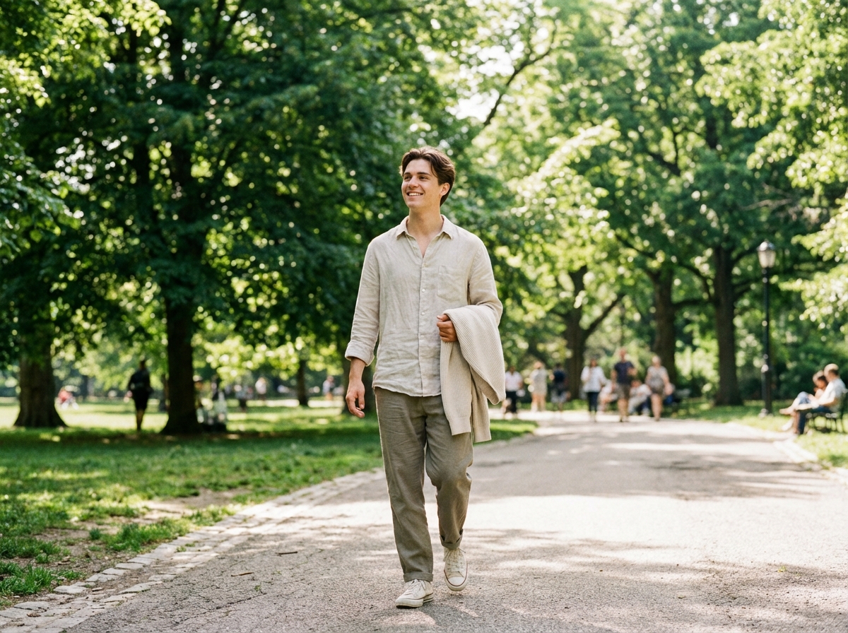 A healthy young person walking lightly in a sunny park after a meal, wearing comfortable casual clothes, lush green trees and soft sunlight in the background, natural lifestyle photography, aspect ratio 4:3, no text