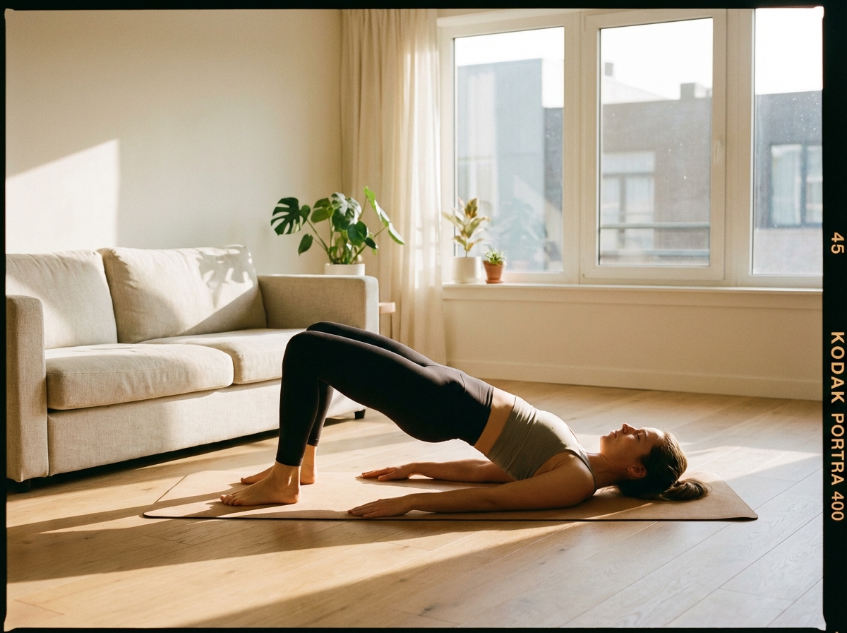 A person performing a hip bridge exercise on a yoga mat in a bright minimalist living room, focus on core and pelvic alignment, warm morning light, high quality photography, aspect ratio 4:3, no text