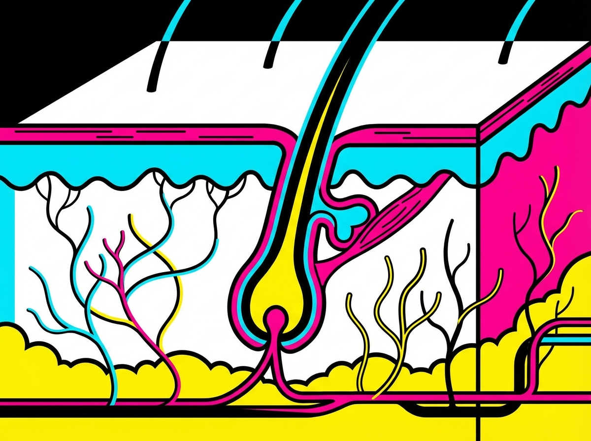 Modern infographic style illustration showing the cross-section of human skin with a hair follicle, root, and nerve endings. Clean layout, high contrast, 4:3 aspect ratio, no text.