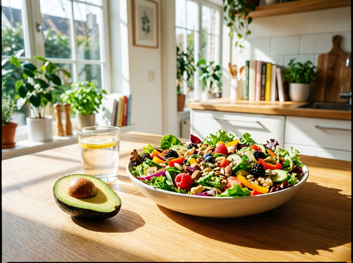 A clean table with a fresh salad, avocado, and a glass of water, bright and airy kitchen setting, healthy lifestyle atmosphere, high contrast, vibrant colors, aspect ratio 4:3, no text