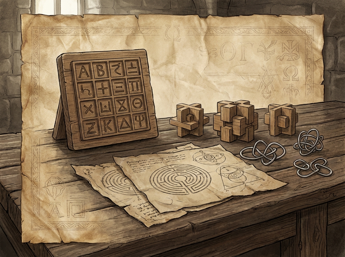 Artistic illustration of ancient Greek and medieval logical puzzles including Latin squares and entanglement puzzles on a rustic wooden table with a textured parchment background 4:3 no text