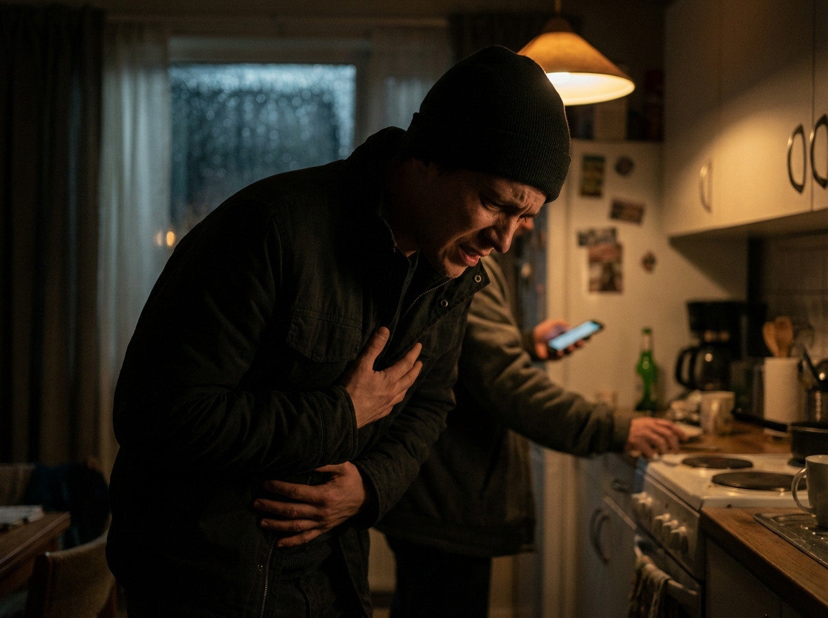 A dramatic but realistic scene of a person clutching their chest and upper stomach in pain, expressing urgency, professional cinematic lighting, no text, 4:3