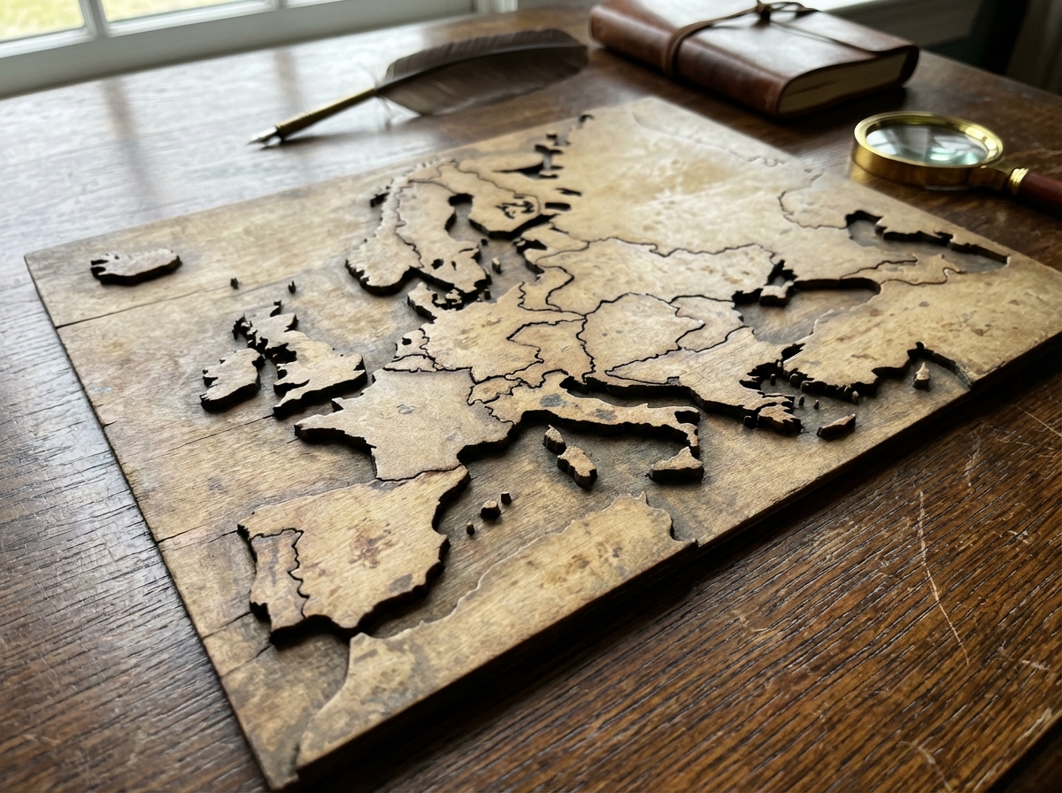 Realistic close up of an 18th century antique wooden map puzzle with hand cut country borders lying on a dark oak desk with soft natural lighting 4:3 no text